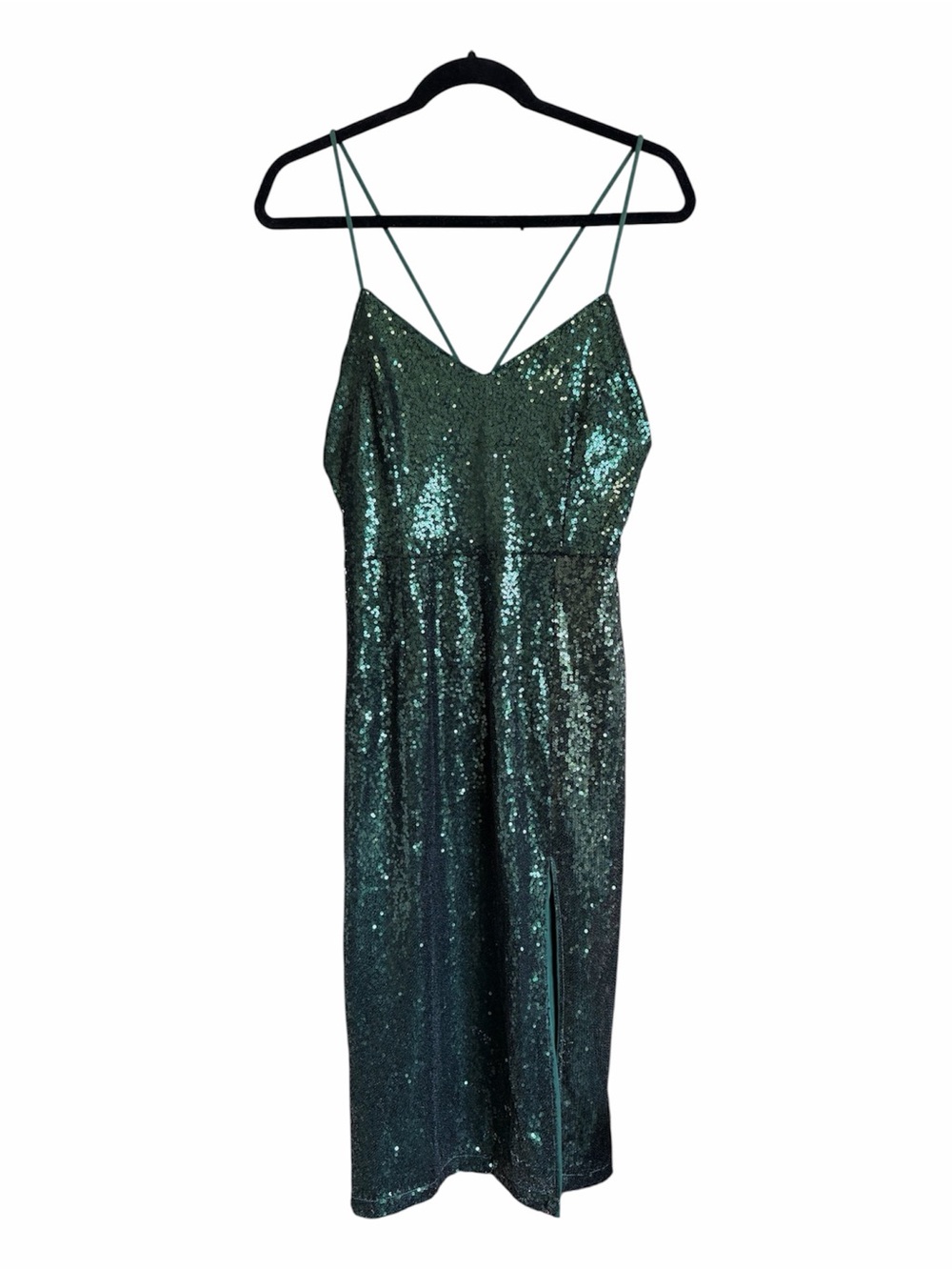Dark Green Sequin Midi Slip Dress with Crisscross Straps